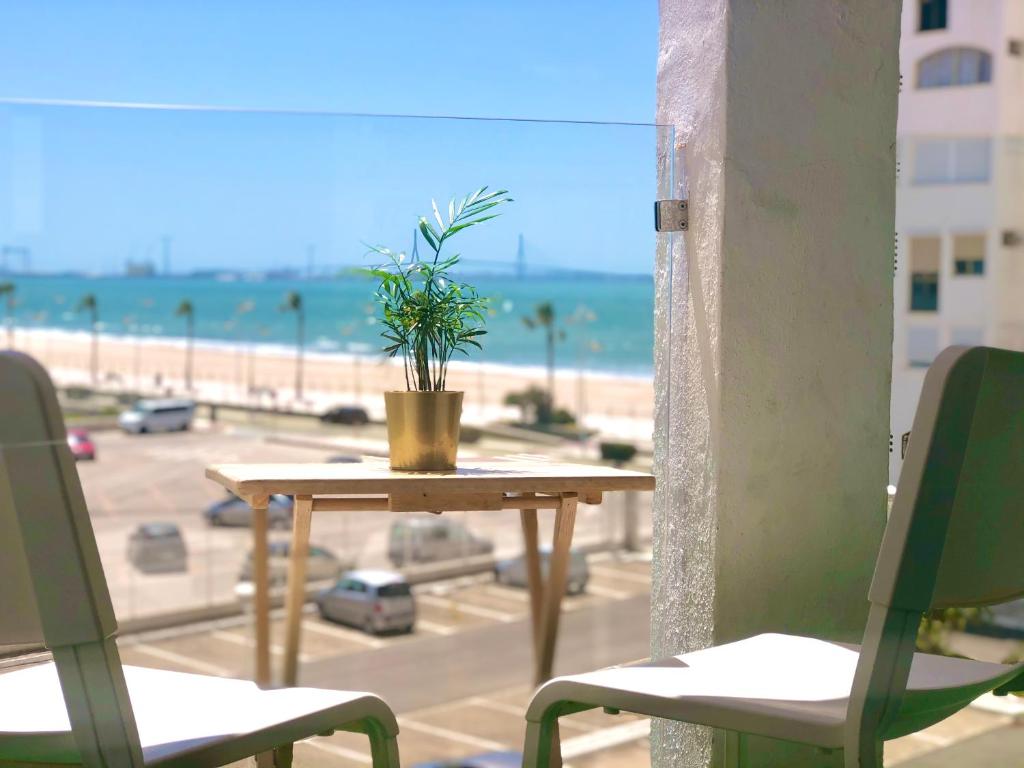 Valdelagrana vistas al mar, piscinas primera linea cadiz في إل بويرتو دي سانتا ماريا: طاولة مع نبات الفخار على رأس شرفة مع الشاطئ