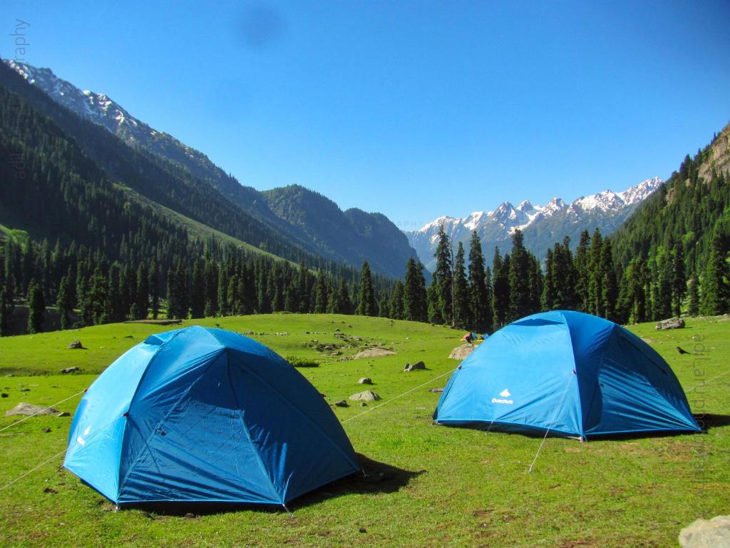 two blue tents in a field with mountains in the background at Kashmir Outlook Adventures in Pahalgām