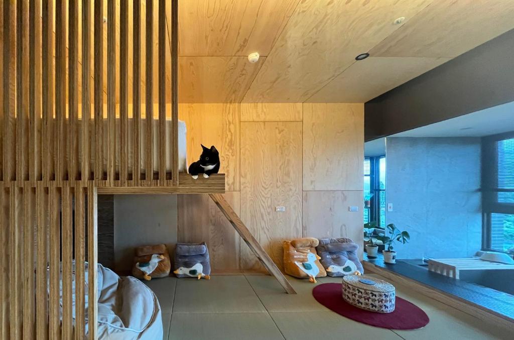 un gato sentado en un estante en una habitación con animales de peluche en Toucheng Happyhouse頭城黑皮家 附早餐卷 en Toucheng