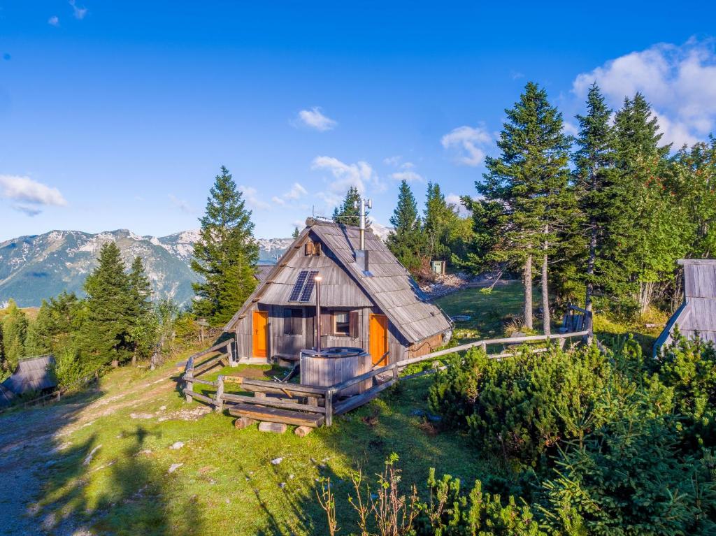 una vista aérea de una pequeña casa en el bosque en Chalet Encijan - Velika planina en Stahovica