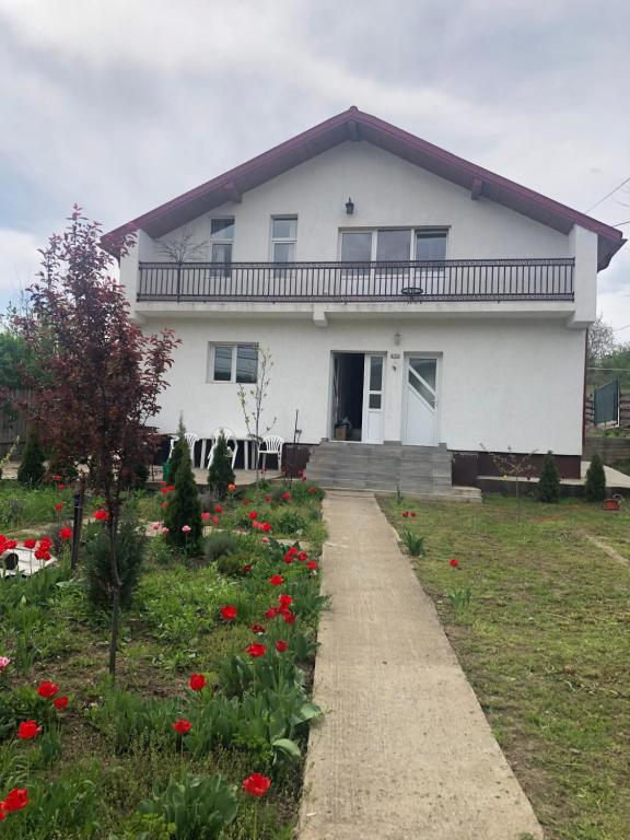 una casa blanca con flores rojas delante en Casa Rediu Iasi, en Iaşi