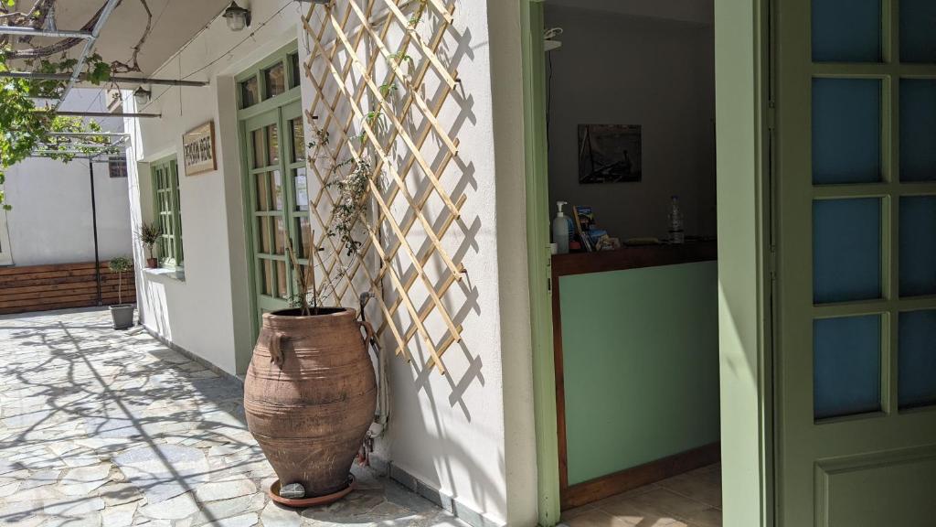 a hallway of a house with a plant in a large pot at Pension Irene in Sougia