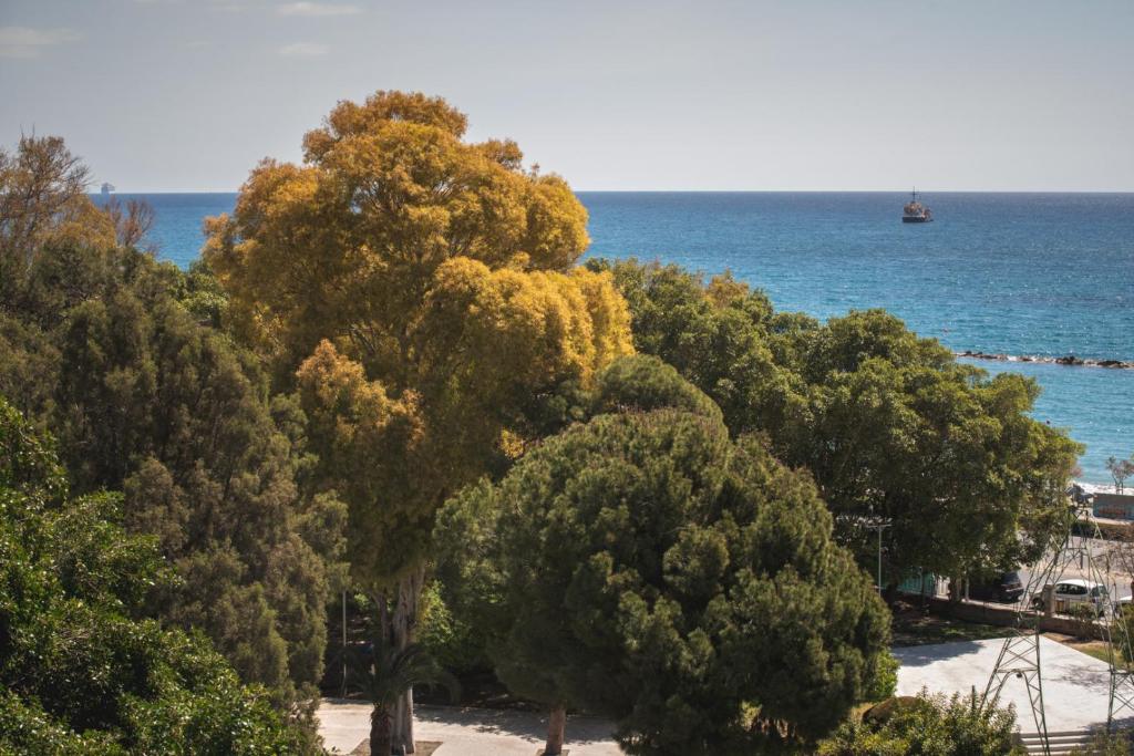 a group of trees in front of the ocean at Chrielka Hotel in Limassol