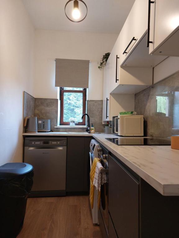a kitchen with a sink and a counter top at Modern & Bright, G/F, 1BR APT. Real Hidden Gem in Hamilton