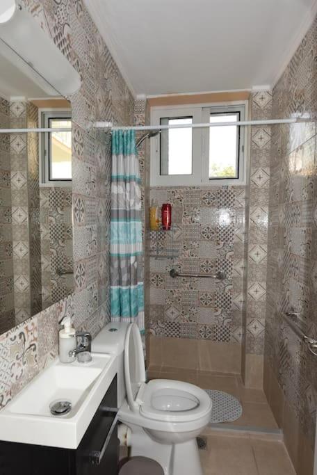 łazienka z toaletą, umywalką i prysznicem w obiekcie Ηermes Apartment - 3 w Nauplionie