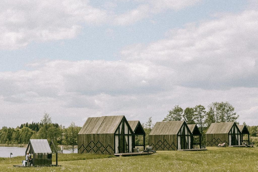 a group of four green buildings in a field at Pazust Latgalē Country Houses in Skaista