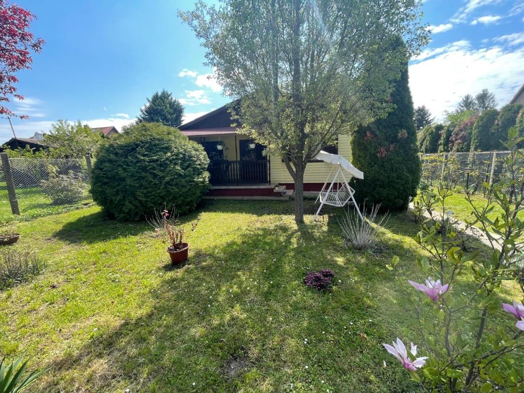 una pequeña casa amarilla con un patio con un árbol en Levendula Jakuzzis Vendégház, en Gárdony