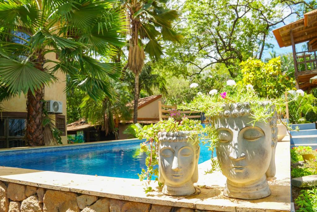 two large vases filled with plants next to a swimming pool at Hotel Boruca Tamarindo in Tamarindo