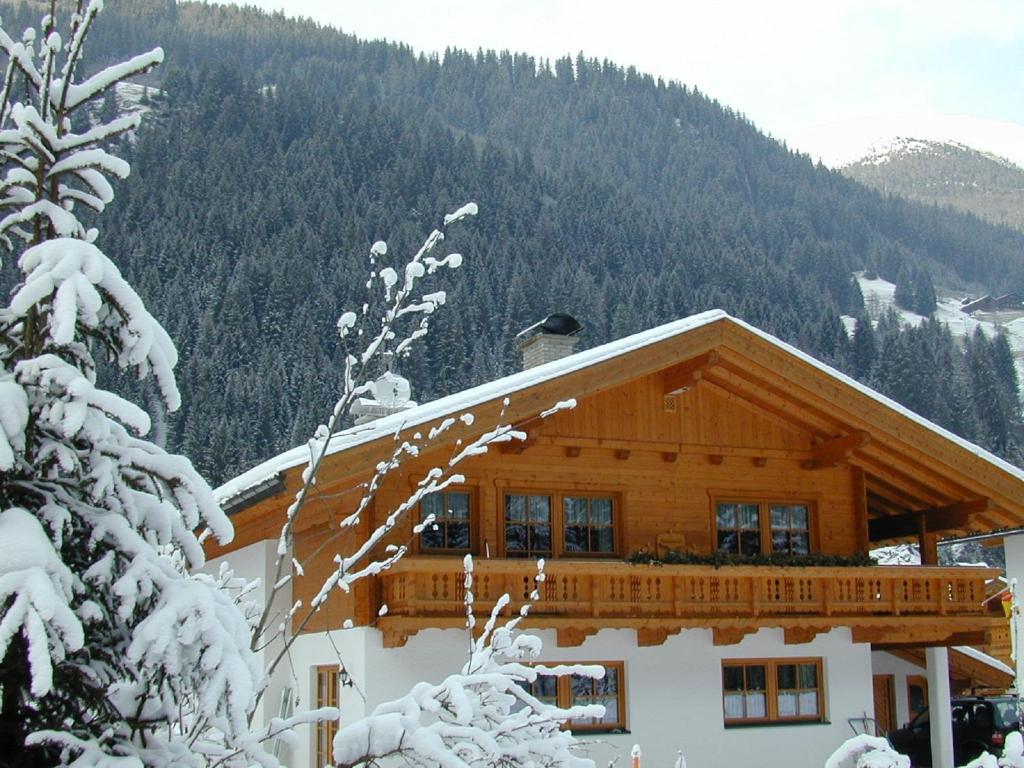a log cabin in the mountains with snow covered trees at Ferienwohnung Maria Erlsbacher in Sankt Veit in Defereggen