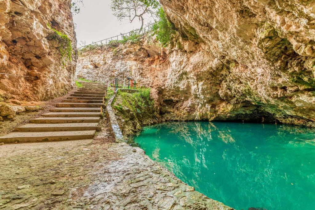 una escalera que conduce a una piscina de agua en un cañón en Cabañas Santa Cruz Homún, en Homún
