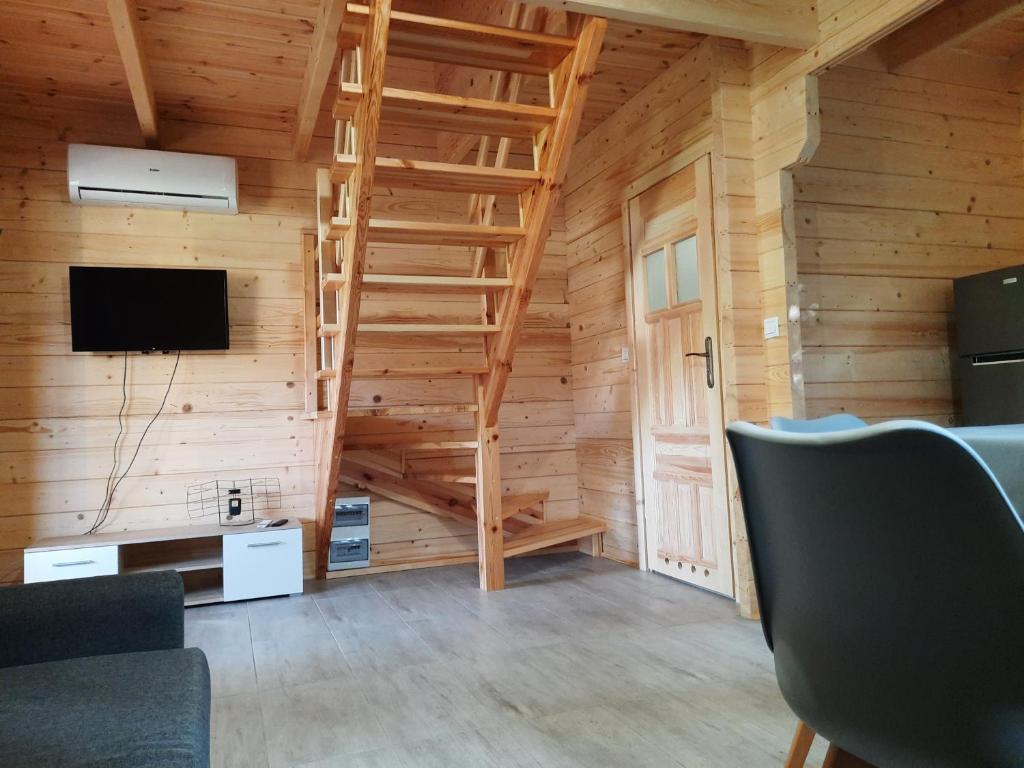 Televízia a/alebo spoločenská miestnosť v ubytovaní Domki nad Stawem w Rynie