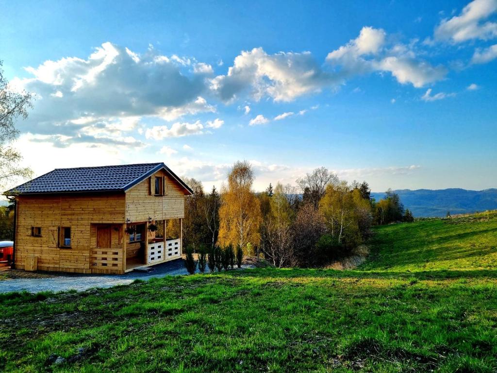 una cabaña de madera en una colina con un campo verde en Leśna Chatka, en Kłodzko