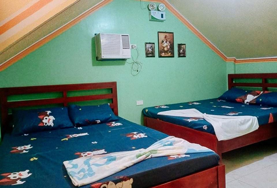 2 Einzelbetten in einem Schlafzimmer mit grünen Wänden in der Unterkunft RedDoorz Precious Dem Beach Resort Pagudpud in Aggao