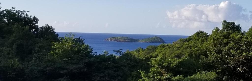 een uitzicht op de oceaan met eilanden in het water bij Gites Cabazat in Bouillante