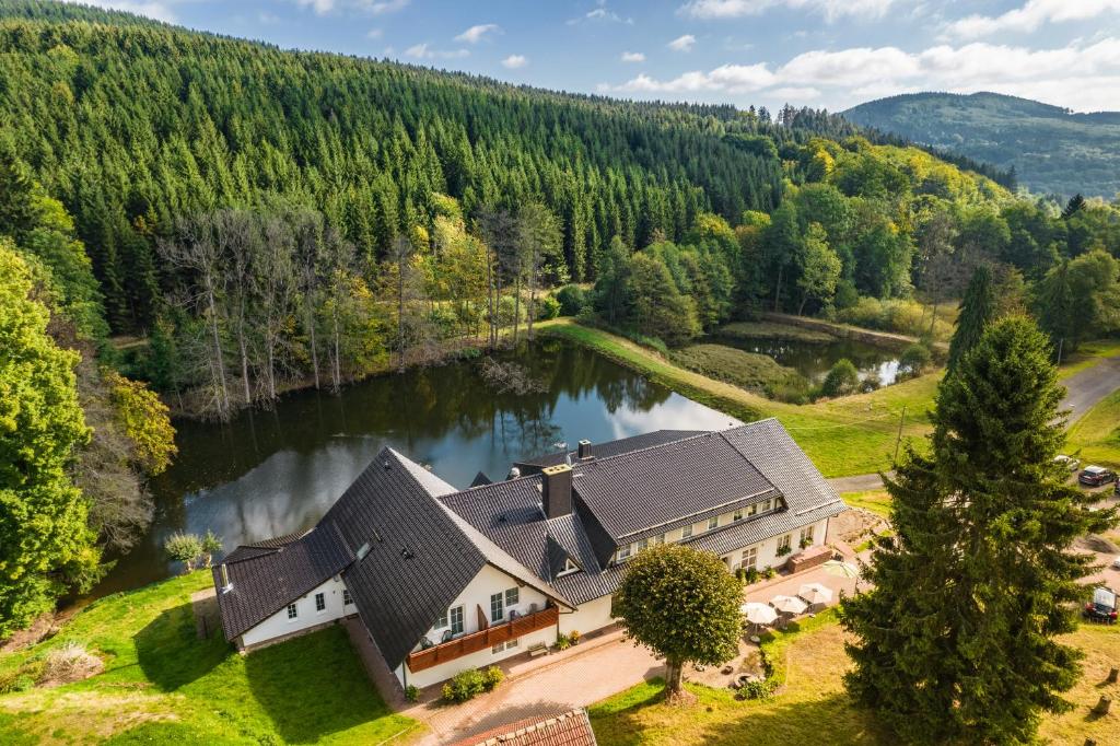 una vista aérea de una casa con un lago en Waldschlösschen Brotterode en Brotterode