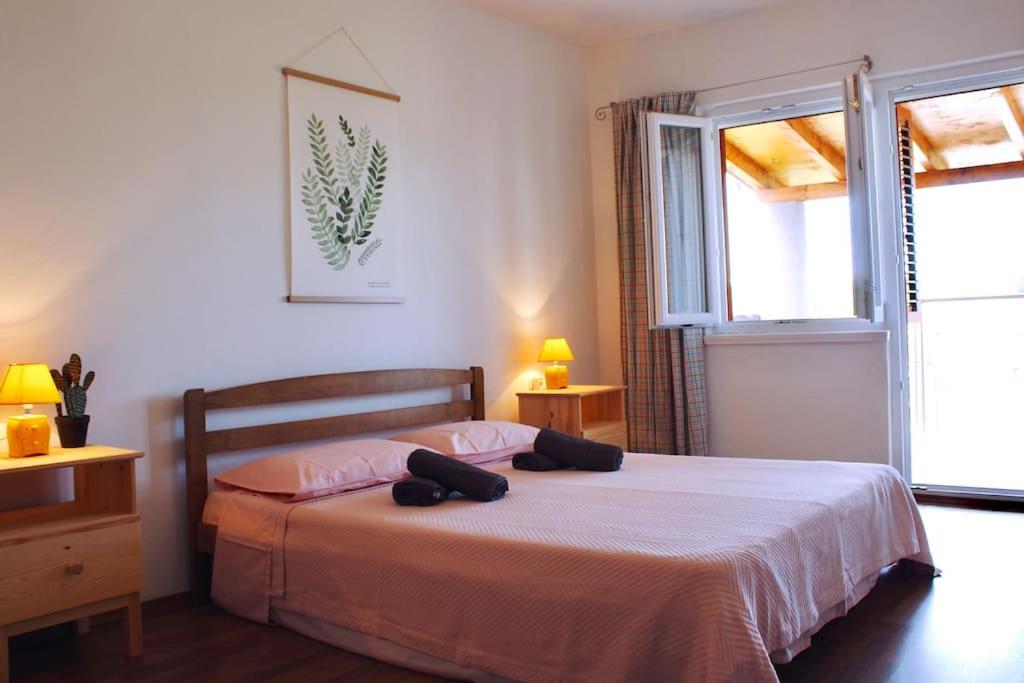 ein Schlafzimmer mit einem Bett mit zwei Kissen darauf in der Unterkunft Apartment VistaMare Croatia in Luka