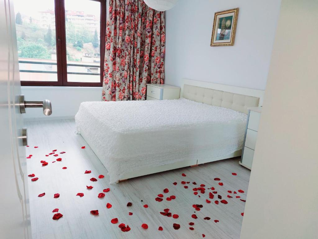 een slaapkamer met een bed met rode rozen op de vloer bij Deva Apartments in Sandanski