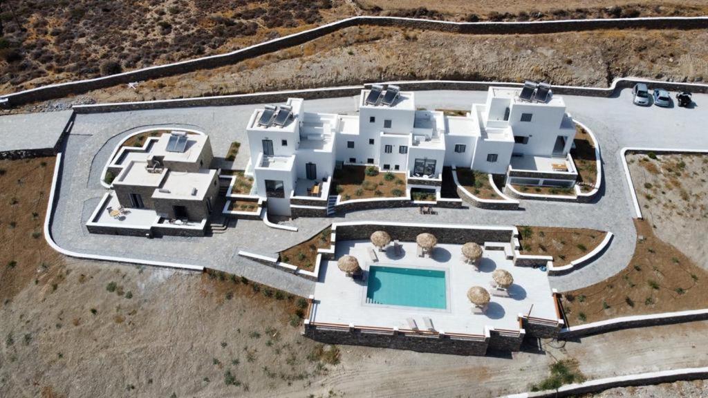 an aerial view of a white building with a pool at Krotiri View Paros in Krotiri