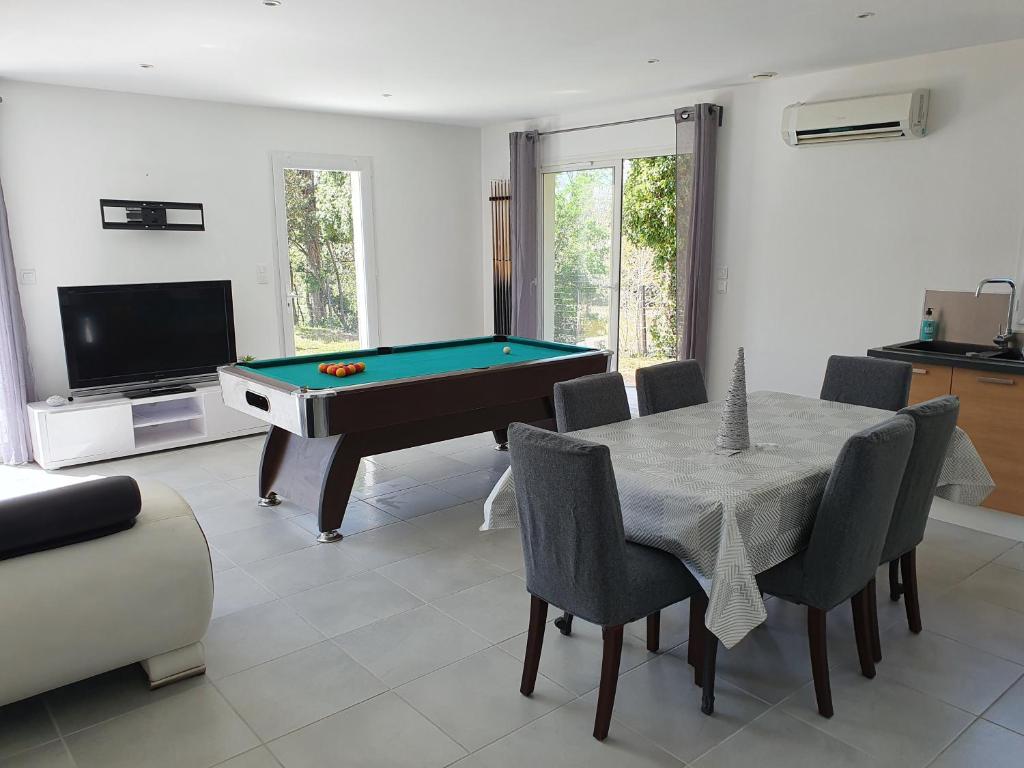 a living room with a pool table and a tv at GITE COTE LAC in Valréas