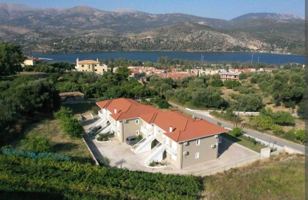 an aerial view of a large house with a red roof at Lagadi Apartment 8 in Lassi