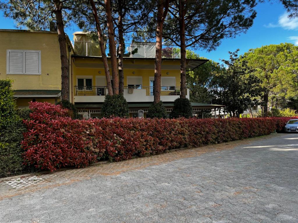 una casa con arbustos rojos delante de una calle en Villa Shera, en Mullini i Danit