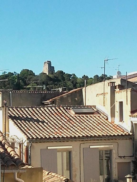 a view of roofs of buildings with a castle in the background at LE CALME AU COEUR DE LA VILLE in Nîmes