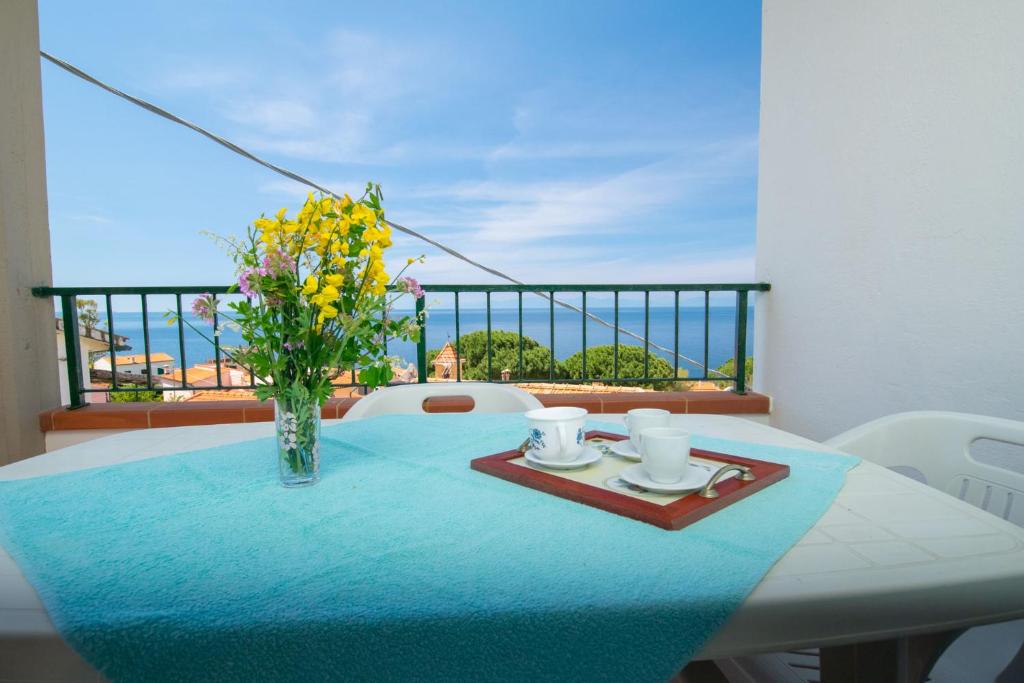 a table with a blue table cloth and a vase of flowers at Appartamento Sergio in Chiessi