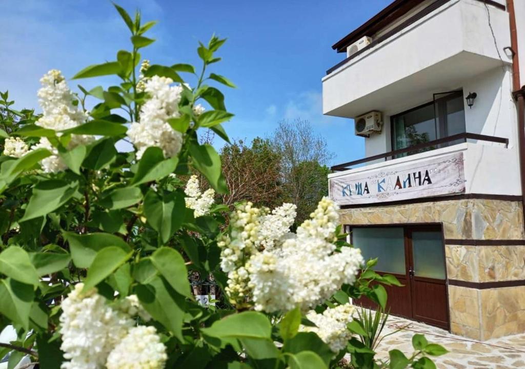 um edifício com flores brancas em frente em Villa Kalina em Lozenets
