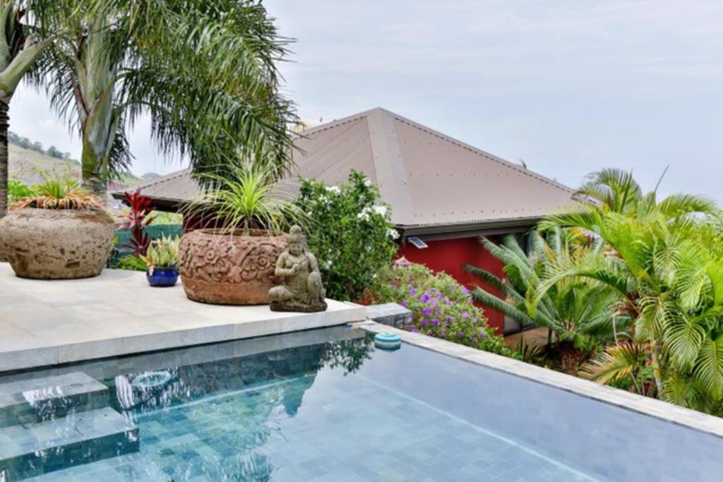 - une piscine avec des plantes en pot à côté d'une maison dans l'établissement Magnifique Villa Vue Mer exceptionnelle - Ireina, à Punaauia