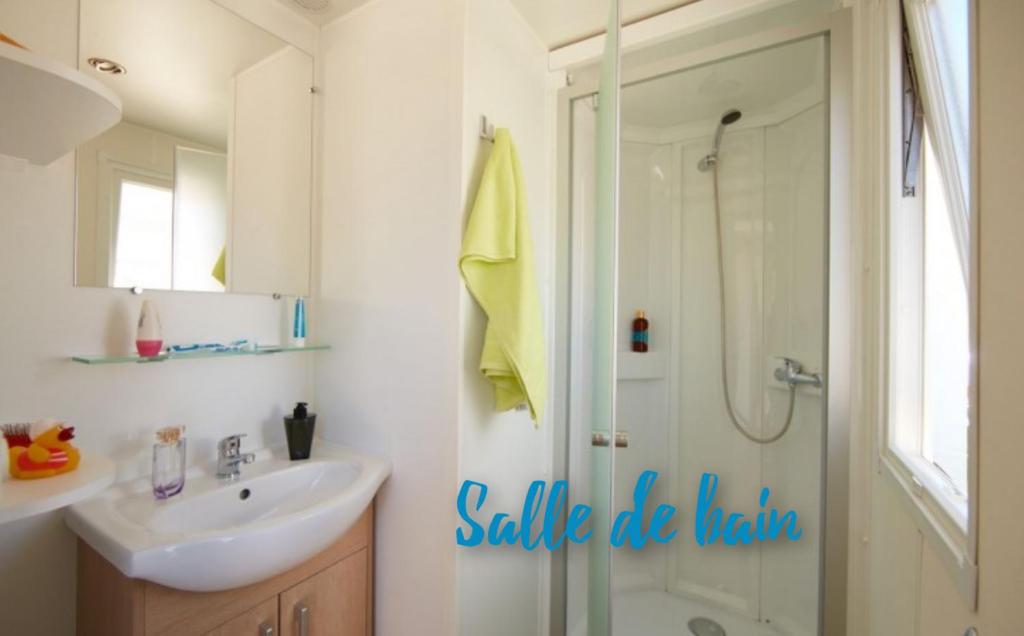 a white bathroom with a shower and a sink at copinsdeslandes mobil home 8pers in Gastes