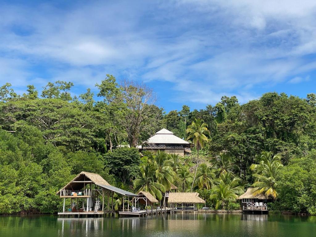 a resort on a body of water with trees at Finca Vela Lodge in Bocas Town