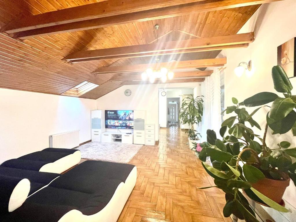 uma sala de estar com um sofá e uma televisão em Holiday home with Jakuzzi and Sauna em Kisoroszi