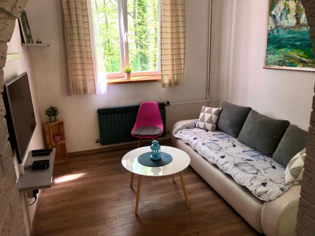uma sala de estar com um sofá e uma mesa em Crystal Lakes Apartment em Plitvicka Jezera