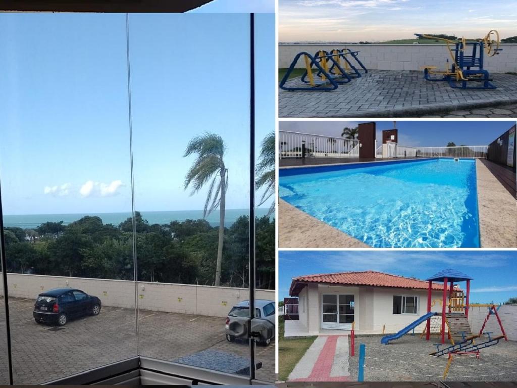 uma colagem de quatro fotos de uma piscina em Apartamentos com Vista pro Mar de Imbituba residencial mar azul em Imbituba