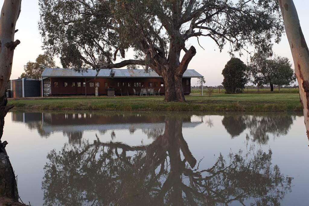 a barn with a tree and a reflection in a lake at Carriages Waterfront in Wharparilla