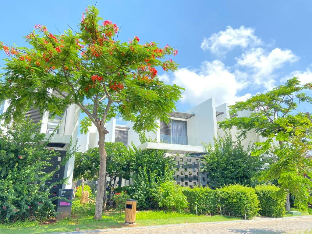 a tree with red flowers in front of a white building at Oceanami Villas & Beach Club Long Hai at 1, 3, 4 Bedroom & 5, 6 Bedroom Beachfront private pool in Long Hai