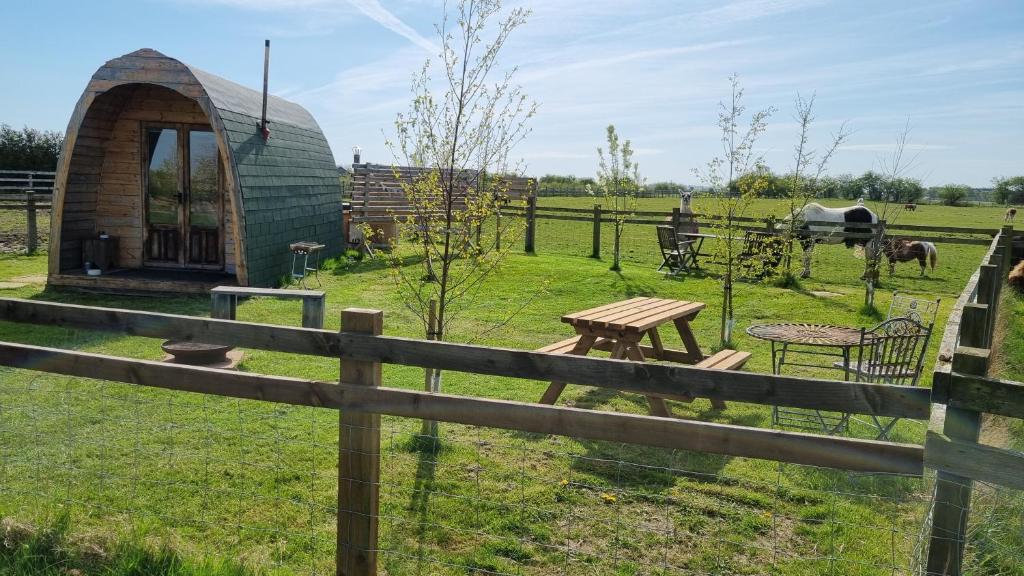 a small cabin in a field with a fence at Skipbridge farm glamping in York