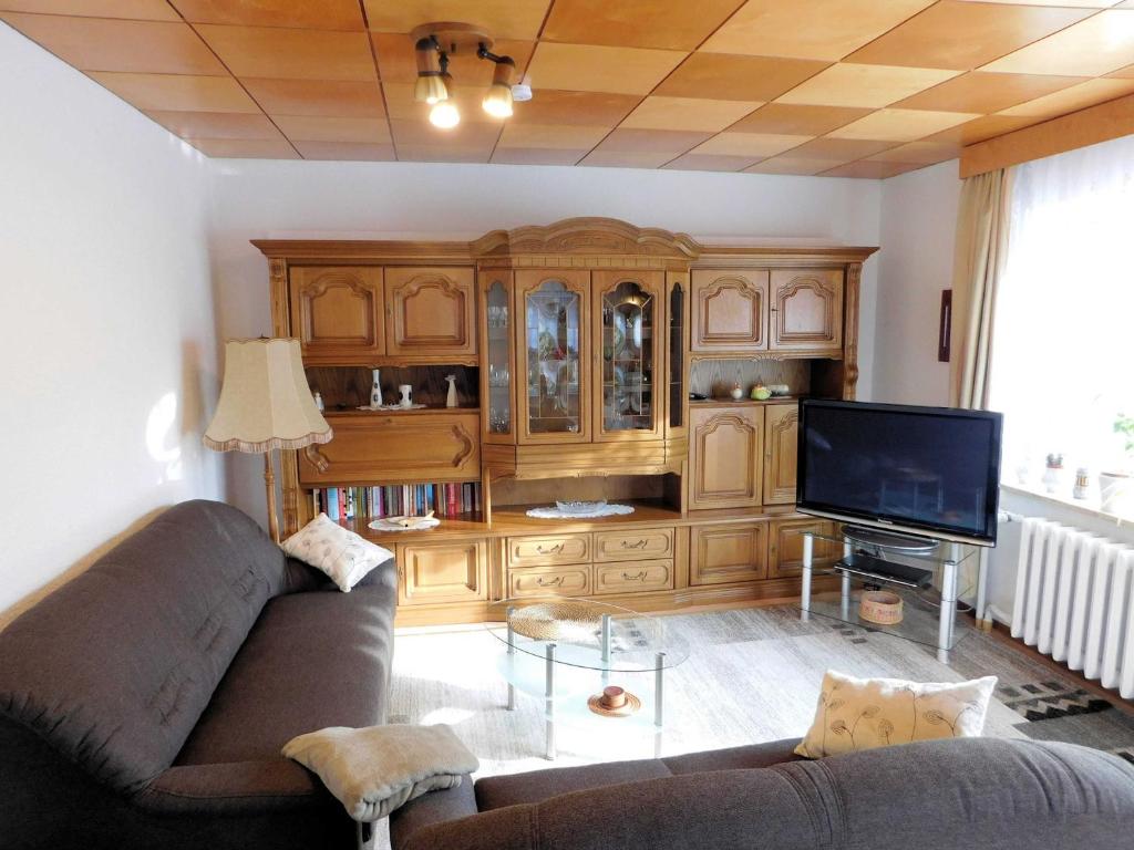 een woonkamer met een bank en een flatscreen-tv bij Ferienhaus SUN Schein in Templin in Templin