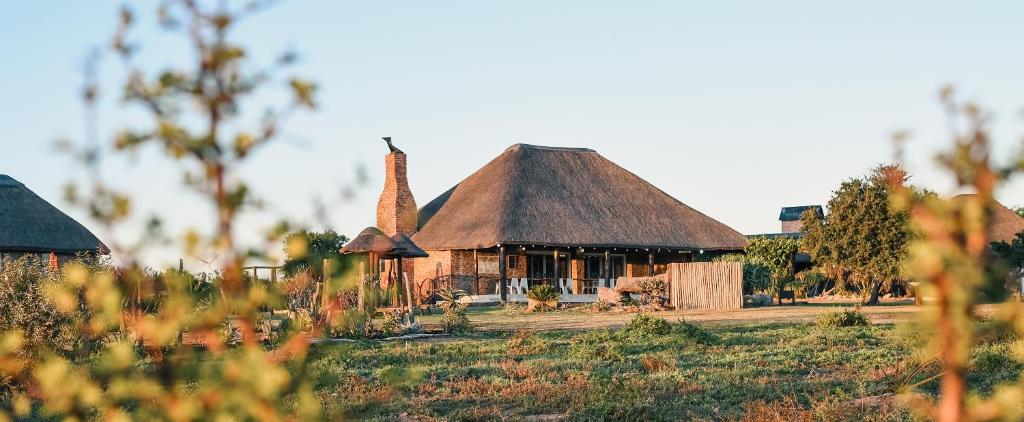 una casa antigua con techo de paja en un campo en Charihandra Game Lodge en Addo