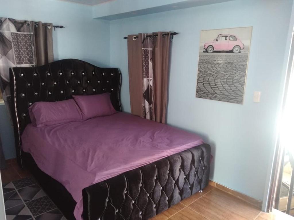 1 dormitorio con 1 cama con sábanas moradas y una foto de coche en Paulino, en Santiago de los Caballeros