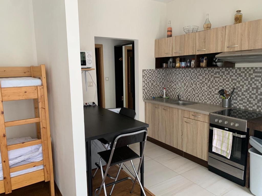 a kitchen with a black counter top in a room at The Dragon's Lair Apartment in Liptovský Mikuláš