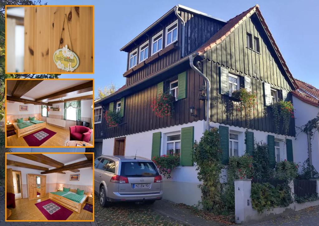 a collage of pictures of a house with a car parked in front at Ferienwohnung Zur Ellernmühle in Bad Suderode