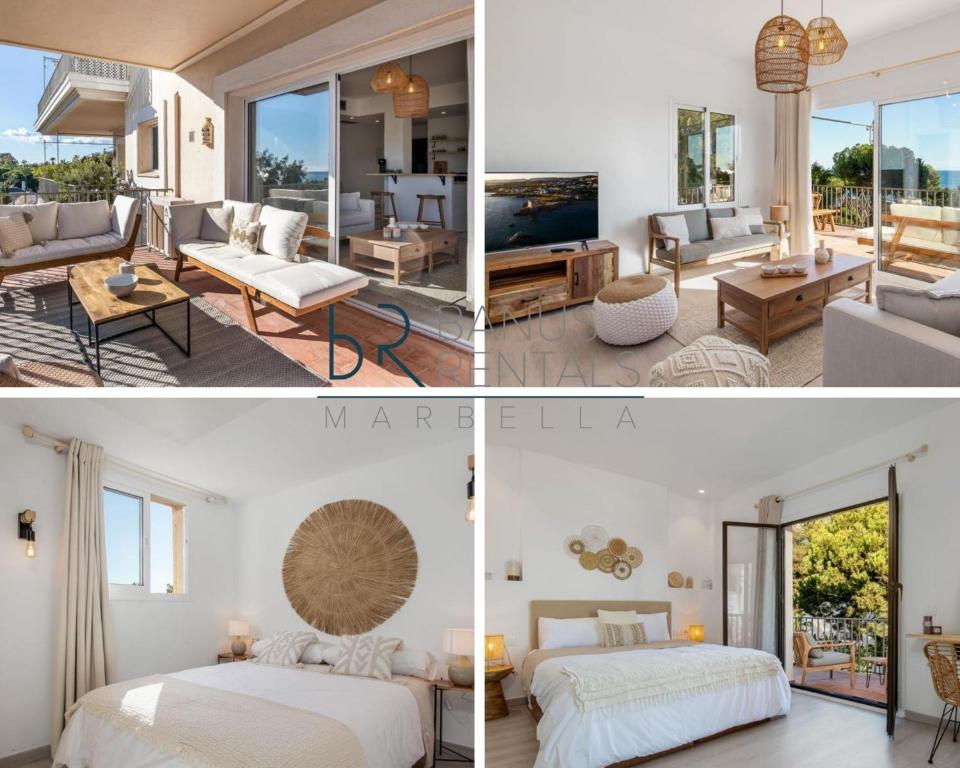kolaż czterech zdjęć sypialni w obiekcie Luminoso apartamento en Andalucía del Mar w Marbelli