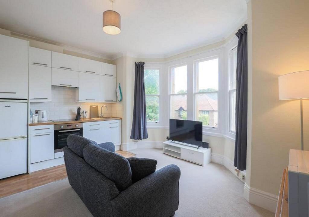 a kitchen with two chairs and a television in a living room at Lovely One Bed Apartment in Guildford in Guildford