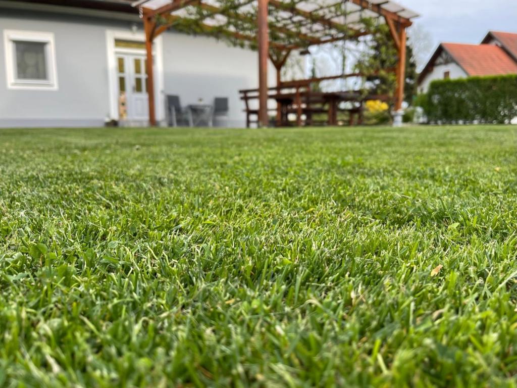 ein Feld mit grünem Gras und einem Pavillon in der Unterkunft Ferienhaus Russ in Bad Radkersburg