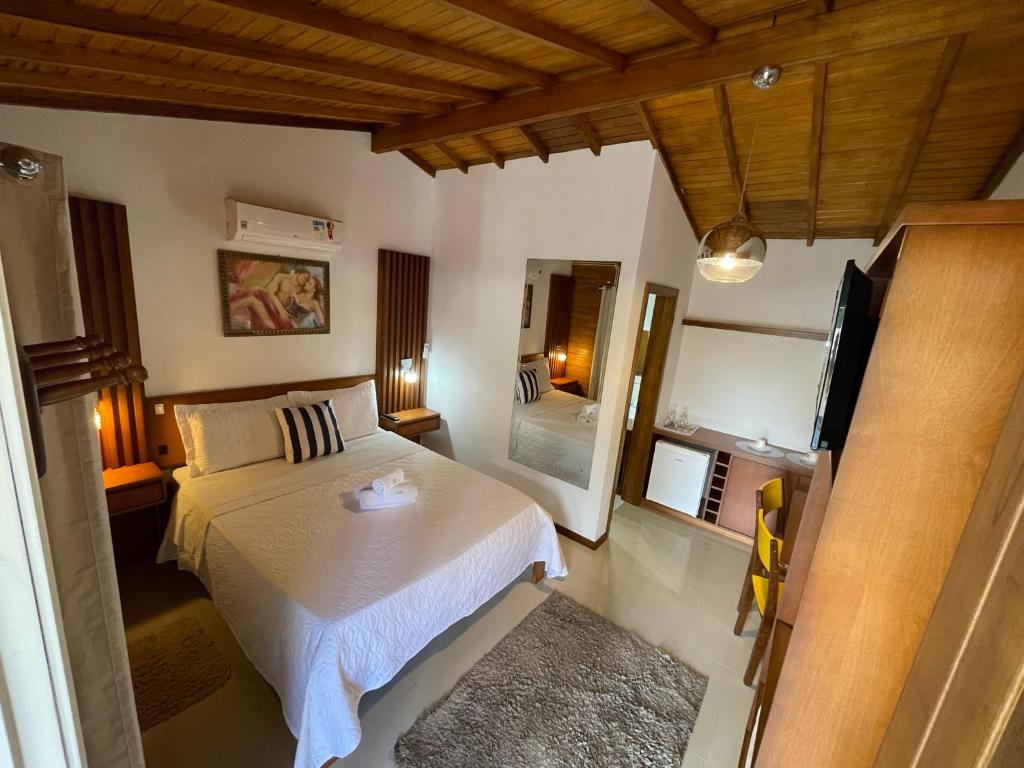 Suites Hencke Haus في Canela: غرفة نوم فيها سرير وتلفزيون