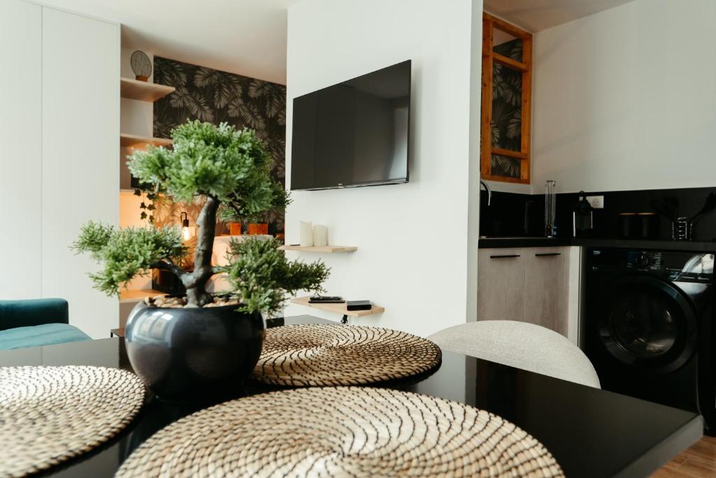 uma sala de estar com uma mesa e cadeiras e uma televisão em La DOLCE Villetta - appartement de Standing em Mulhouse