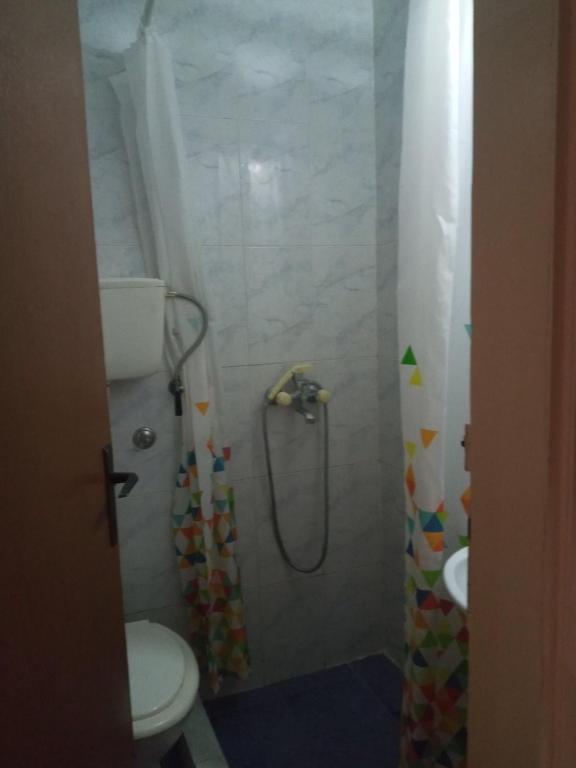 a bathroom with a shower with a toilet and a sink at Two in Petrovac na Moru