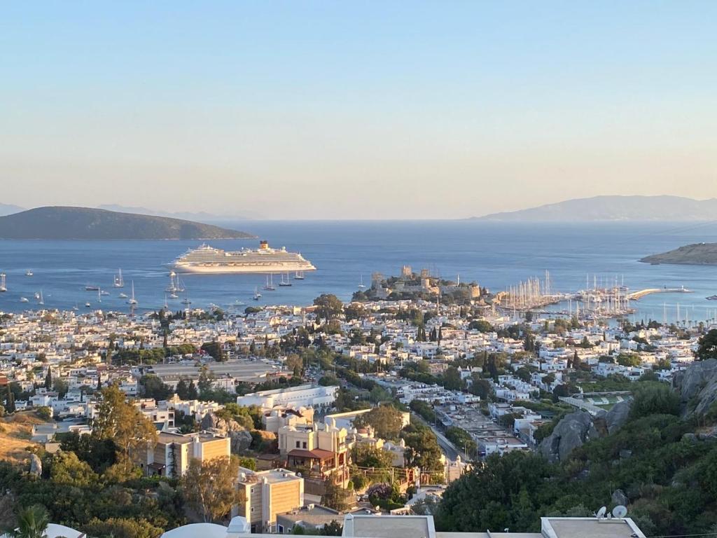 a cruise ship in the water next to a city at BODRUM BURCU RESIDENCE, Magnificent Sea View, Cozy, Free Otopark, Free Wifi in Bodrum City