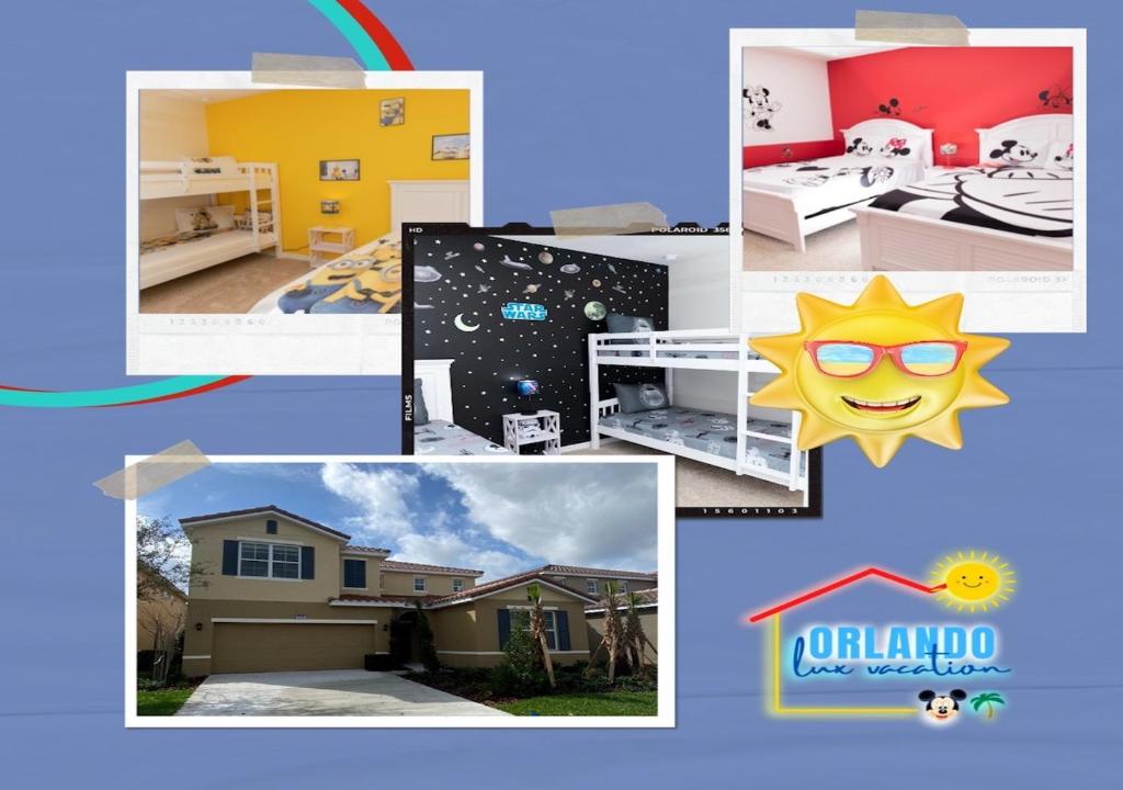 a collage of pictures of a house at Marvelous Villa, South facing pool and hot tub, themed bedrooms near Disney in Davenport